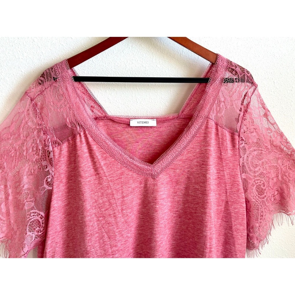 Pink Rose Women's 4XL Short‎ Sleeve V-Neck Fringe Lace Trim Jersey Top - Picture 2 of 10